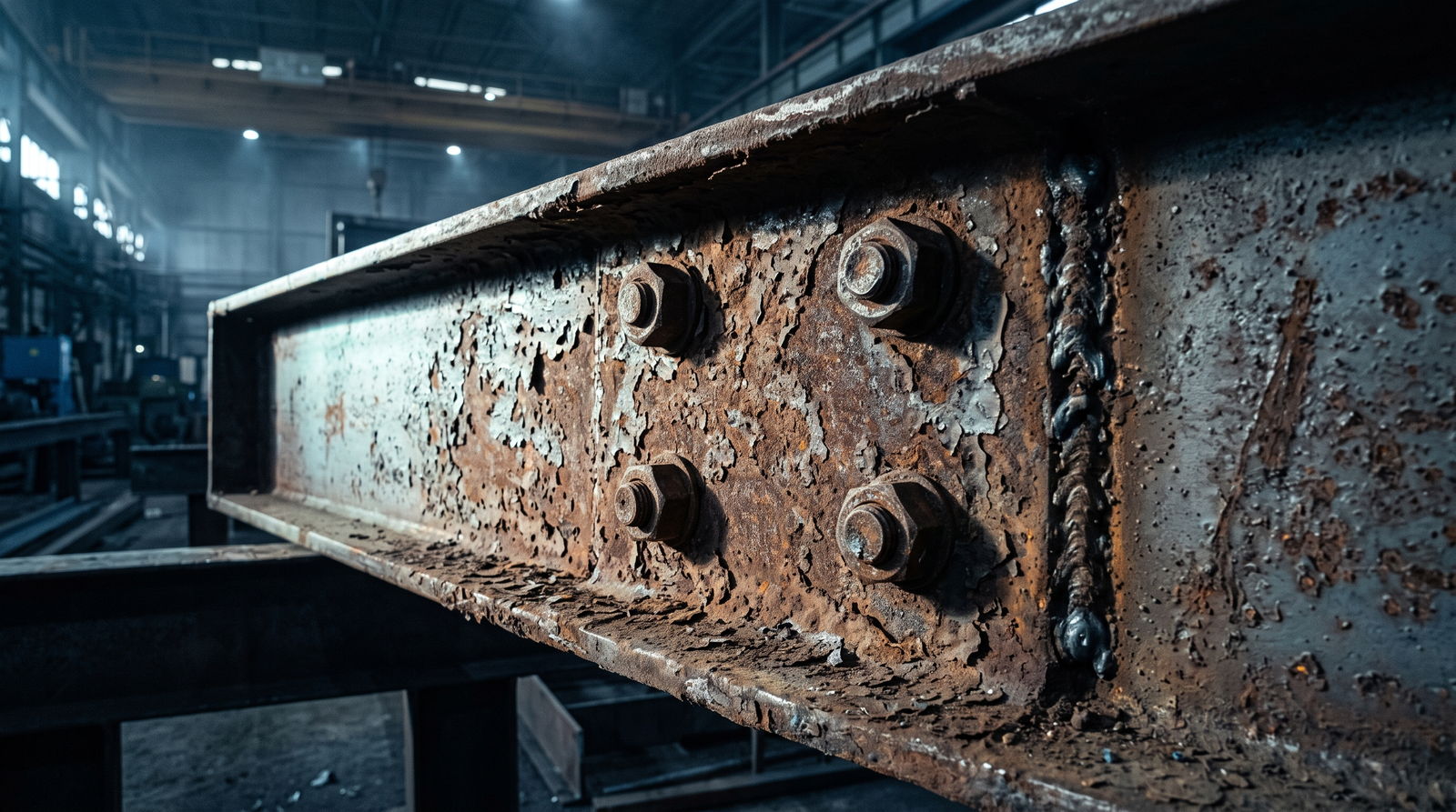 Structural steel beam covered in thick rust and old coating